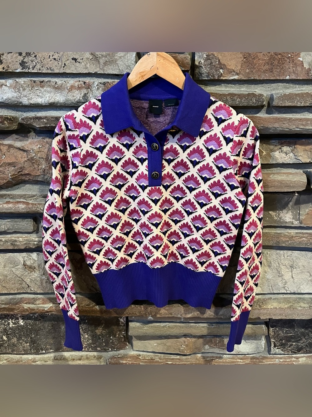 Pinko Purple Patterned Polo-Neck Cropped Sweater